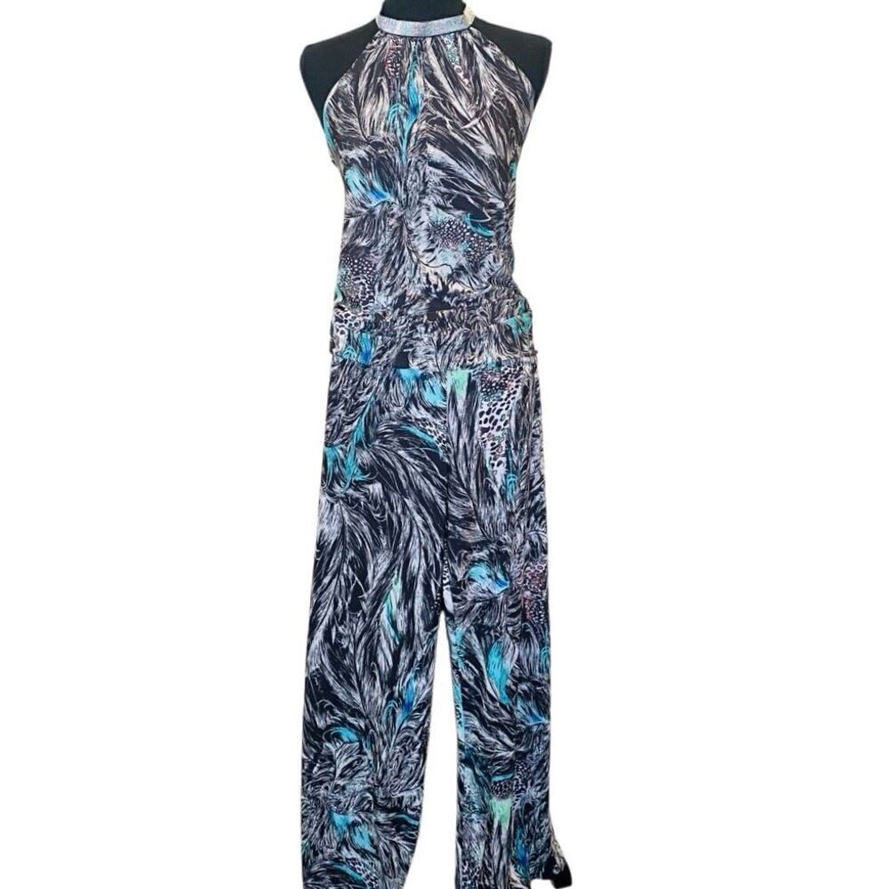 Julian Chang Halter Wide Leg Abstract Print 2-Piece Pants Top Set Black Blue XS